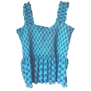 Smocked L  Cropped Tank Jane + Delancey  Blue Wh  wide Ruffled strap Mesh Flowey